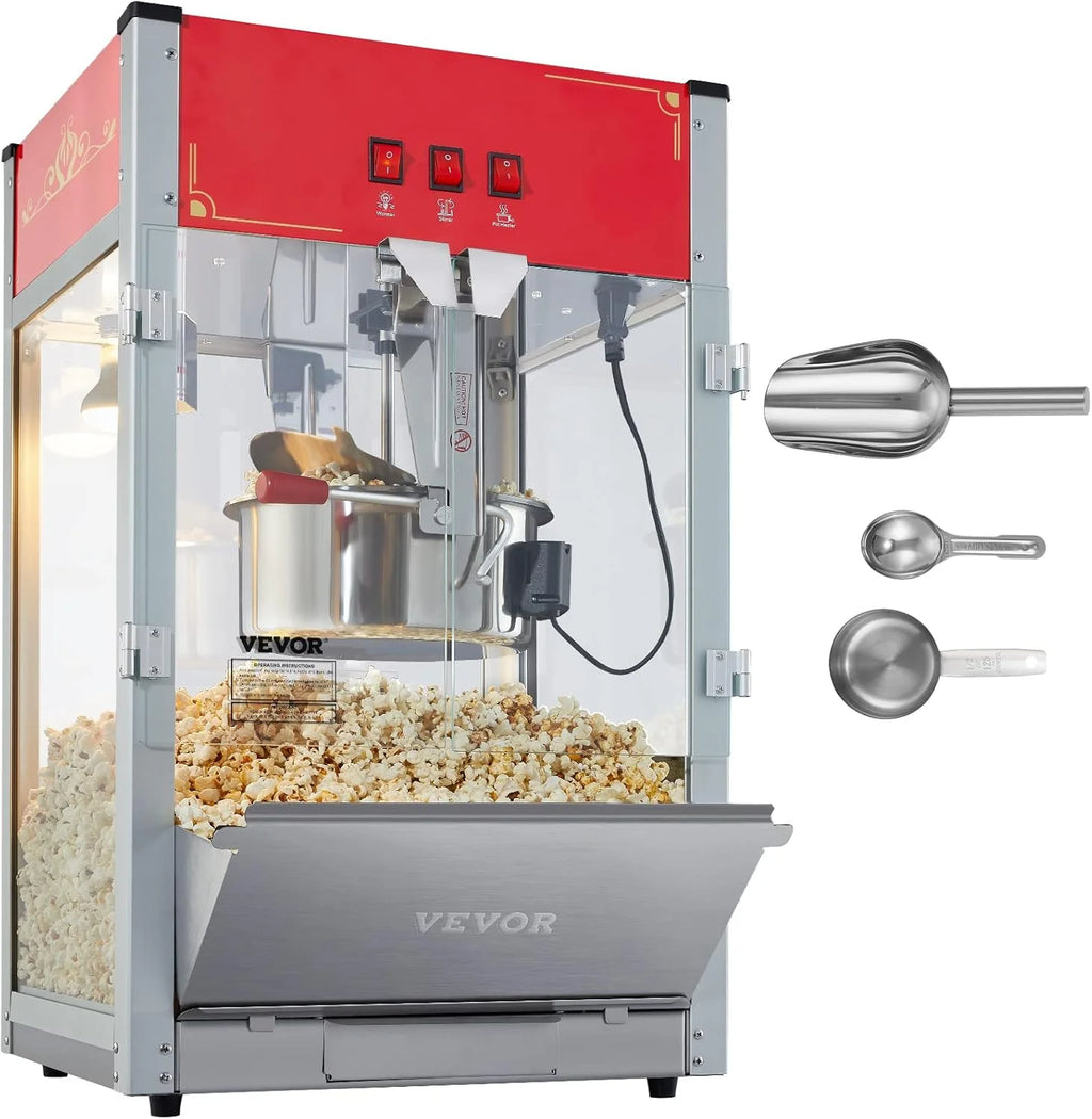 VEVOR Maszyna do popcornu – maszyna do popcornu 1440 W, z kociołkiem o pojemności 12 oz, na maks. 80 filiżanek na ładowanie, z hartowanego szkła i 3 łopatkami ze stali nierdzewnej