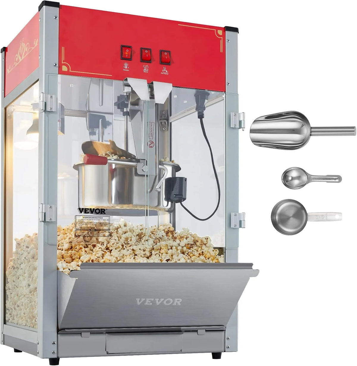 VEVOR Maszyna do popcornu – maszyna do popcornu 1440 W, z kociołkiem o pojemności 12 oz, na maks. 80 filiżanek na ładowanie, z hartowanego szkła i 3 łopatkami ze stali nierdzewnej