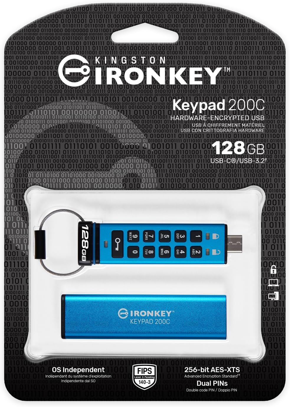Kingston Klawiatura IronKey 200 typu A szyfrowana sprzętowo pamięć flash USB FIPS 140-3 poziom 3 (w toku) z 256-bitowym szyfrowaniem sprzętowym XTS-AES - IKKP200/512GB