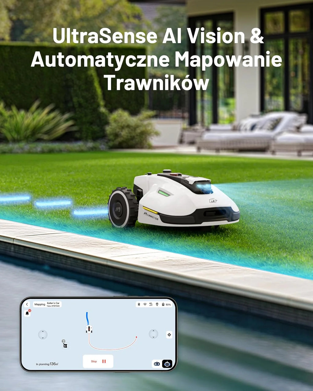 Mammotion YUKA 2000 Kosiarka Automatyczna z zamiatarką, Zalecane 2000 m², maks.2400 m²,i Nachyleniu 45%, UltraSense AI Vision do Auto-Mapowania Wysokość Koszenia 20-90mm Szerokość Koszenia 320mm