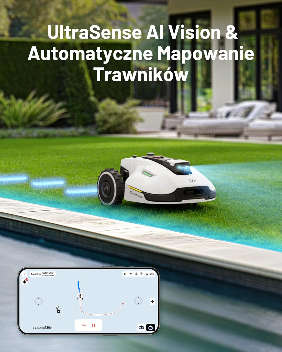 Mammotion YUKA 2000 Kosiarka Automatyczna z zamiatarką, Zalecane 2000 m², maks.2400 m²,i Nachyleniu 45%, UltraSense AI Vision do Auto-Mapowania Wysokość Koszenia 20-90mm Szerokość Koszenia 320mm