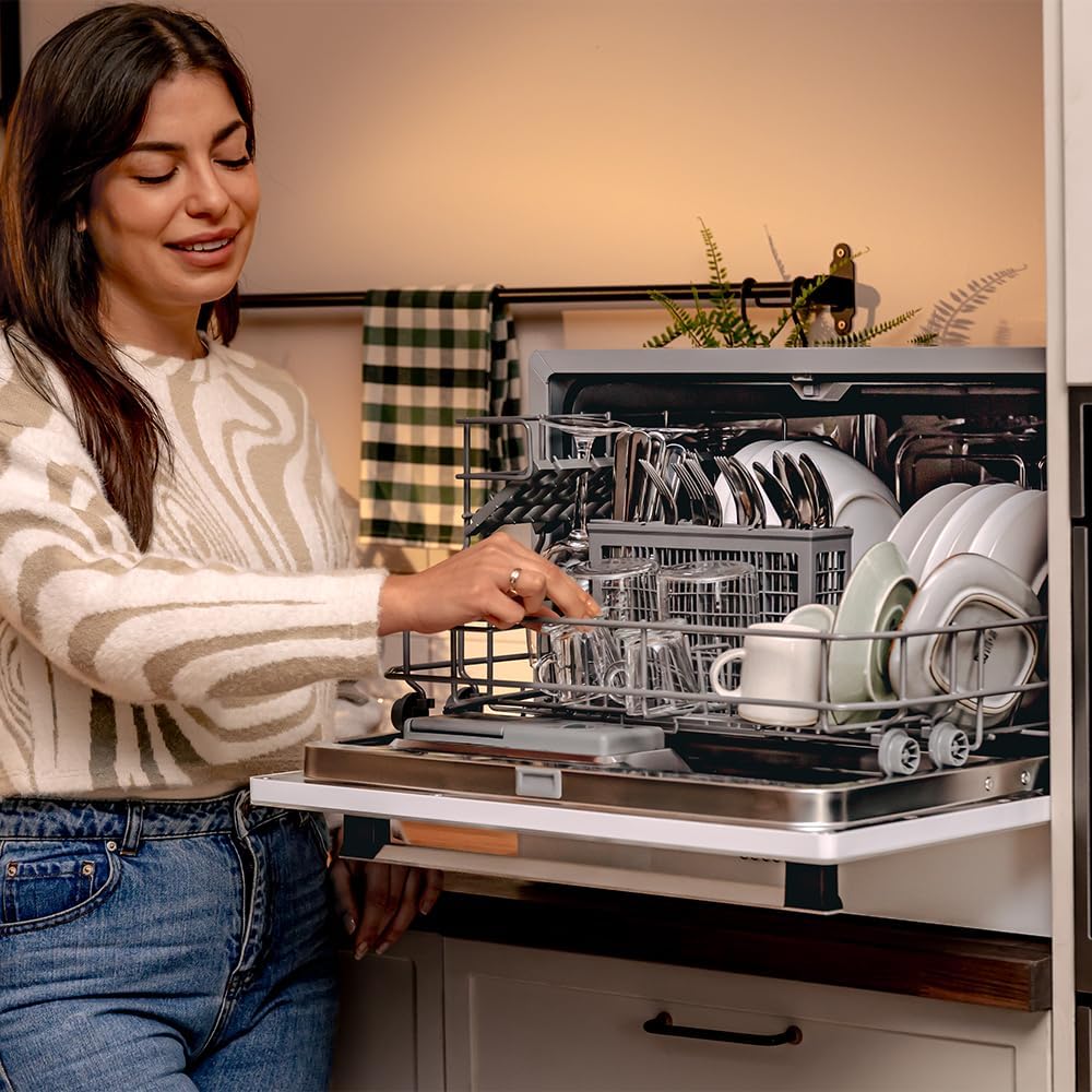 Cecotec Kompaktowa zmywarka 6 sztućców Bolero Aguazero 2400 White Glass. 1380W, białe szkło wykończone, 5 programów, panel dotykowy sterowania, programowalny do 24 h, blokada Child Lock i kosz na