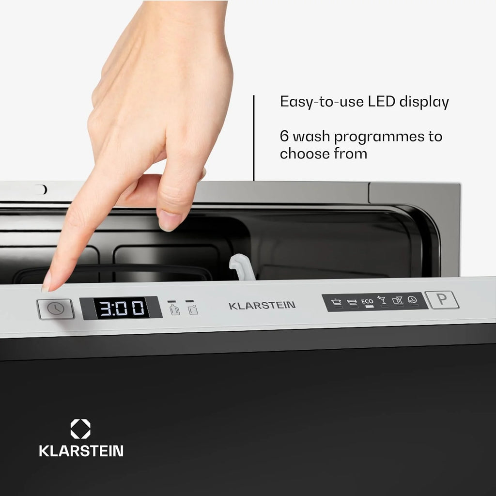 Klarstein Zmywarka do zabudowy – kompaktowy model 45 cm, 6 nakryć, higiena UV, AquaStop, klasa efektywności energetycznej D, cicha praca 49 dB, intuicyjna obsługa