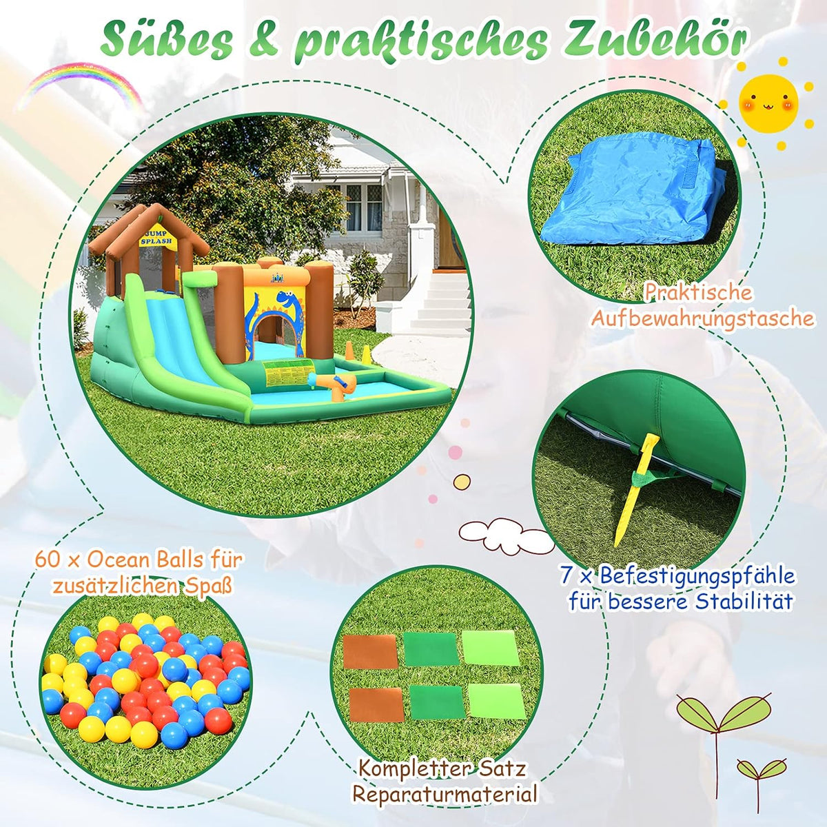 COSTWAY Dmuchany zamek z dmuchawą, zjeżdżalnia wodna, basen do zabawy, nadmuchiwany basen do zabawy ze zjeżdżalnią, nadmuchiwany park wodny, brodzik 368 x 303 x 230 cm