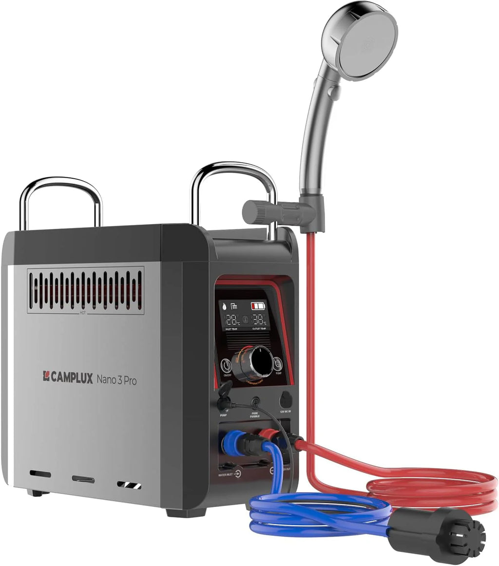 CAMPLUX Nano 3 Pro Aquecedor de Agua a Gás com Bomba de Agua, 3 L/min, Butano (28-30 mbar)/ Propano (37 mbar), para Autocaravana, Campismo