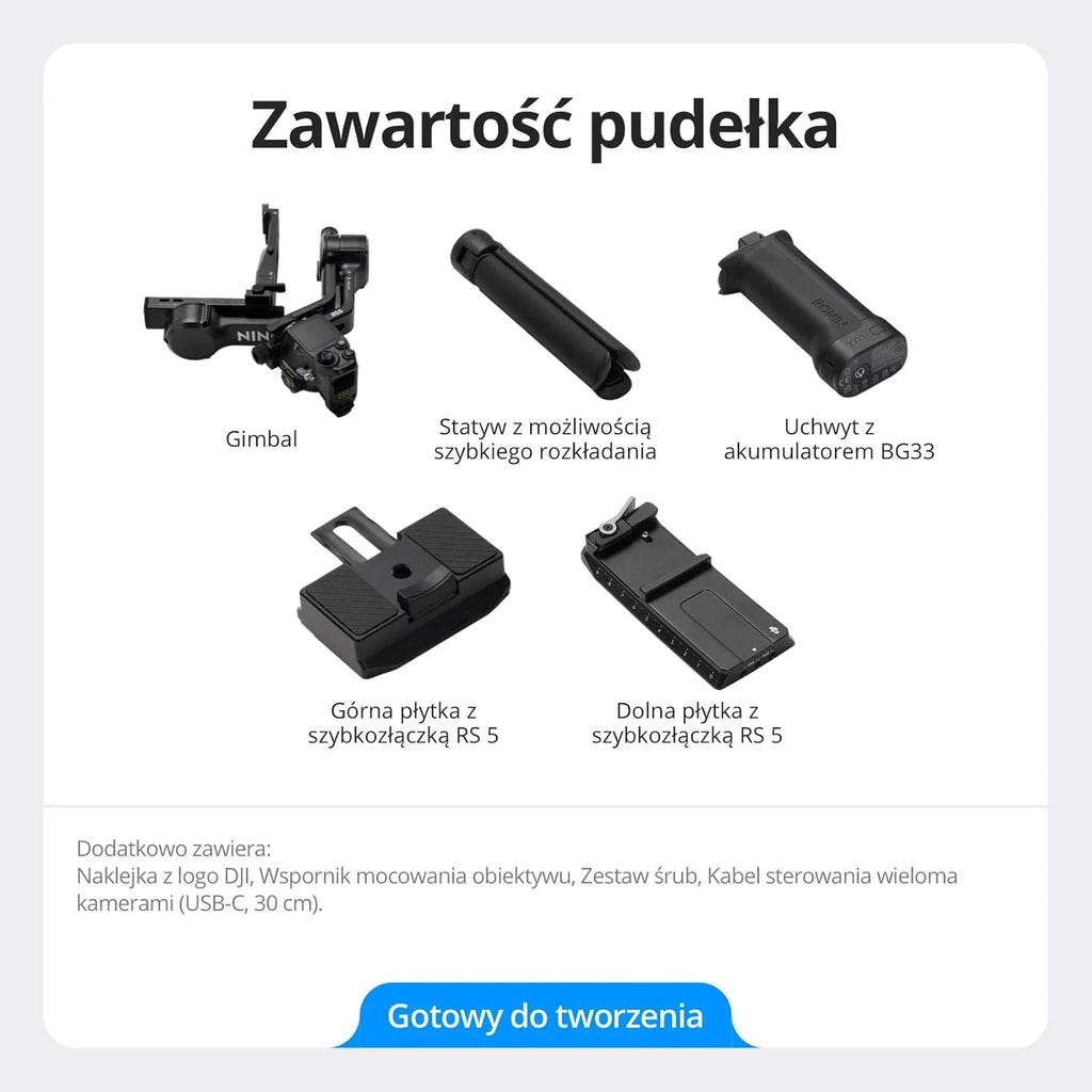 DJI RS 5, stabilizator gimbala do kamer Canon, Sony, Panasonic, Nikon, Fujifilm, przyciski precyzyjnego strojenia, automatyczne blokady osi 2. generacji, statyw do szybkiego otwierania, wyświetlacz