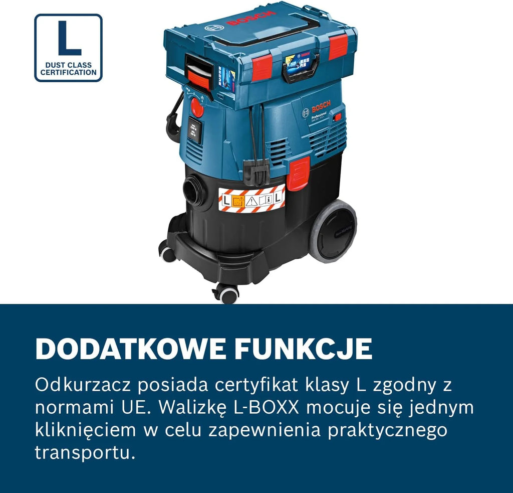 Bosch Professional: odkurzacz do pracy na mokro i sucho GAS 35 L SFC+ (1 200 W, 3 rury chromowane, wąż 3 m, zestaw dysz podłogowych, 1 filtr płaski fałdowany, worek na pył)