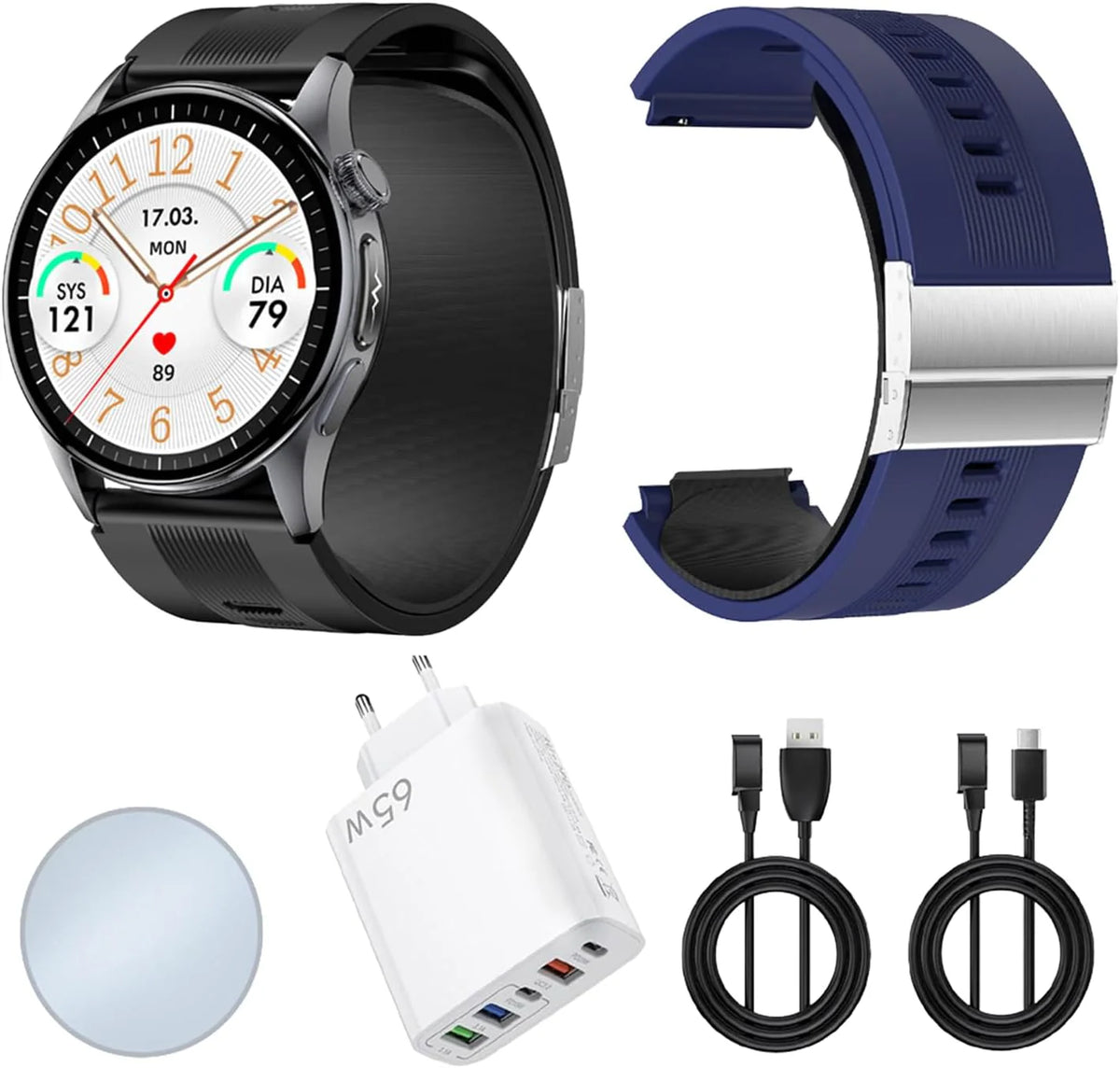Knauermann PRO 4 Air (2026) Smartwatch i tracker fitness dla kobiet i mężczyzn, AMOLED zawsze włączony, IP66, Bluetooth 5.3, bateria do 25 dni, Android i iOS, czarny, okrągły, pakiet premium