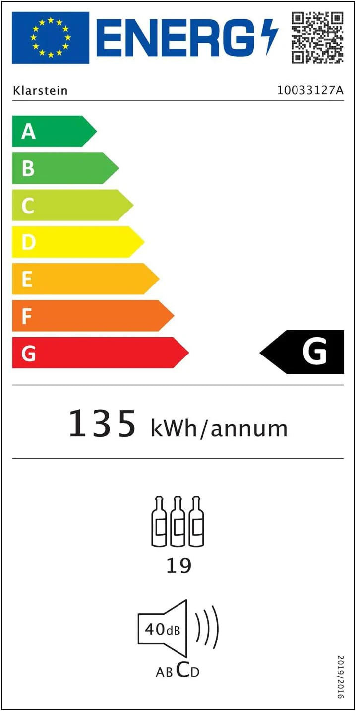 Klarstein Vinamour chłodziarka do wina ze szklanymi drzwiami - 2 programowalne strefy chłodzenia, wyświetlacz LCD, dotykowy, klasa efektywności energetycznej G, oświetlenie wewnętrzne LED, 39 dB, pojemność: 65 litrów / 19 butelek, kolor czarny