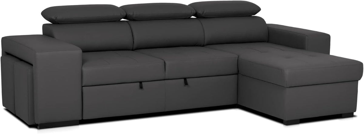 Sofa narożna BUDWING John 4-osobowa z funkcją spania – rozkładana leżanka, regulowany zagłówek i 2 pufy – tapicerowana poliuretanem – styl nowoczesny – 263 x 161 x 96 cm – kolor czarny