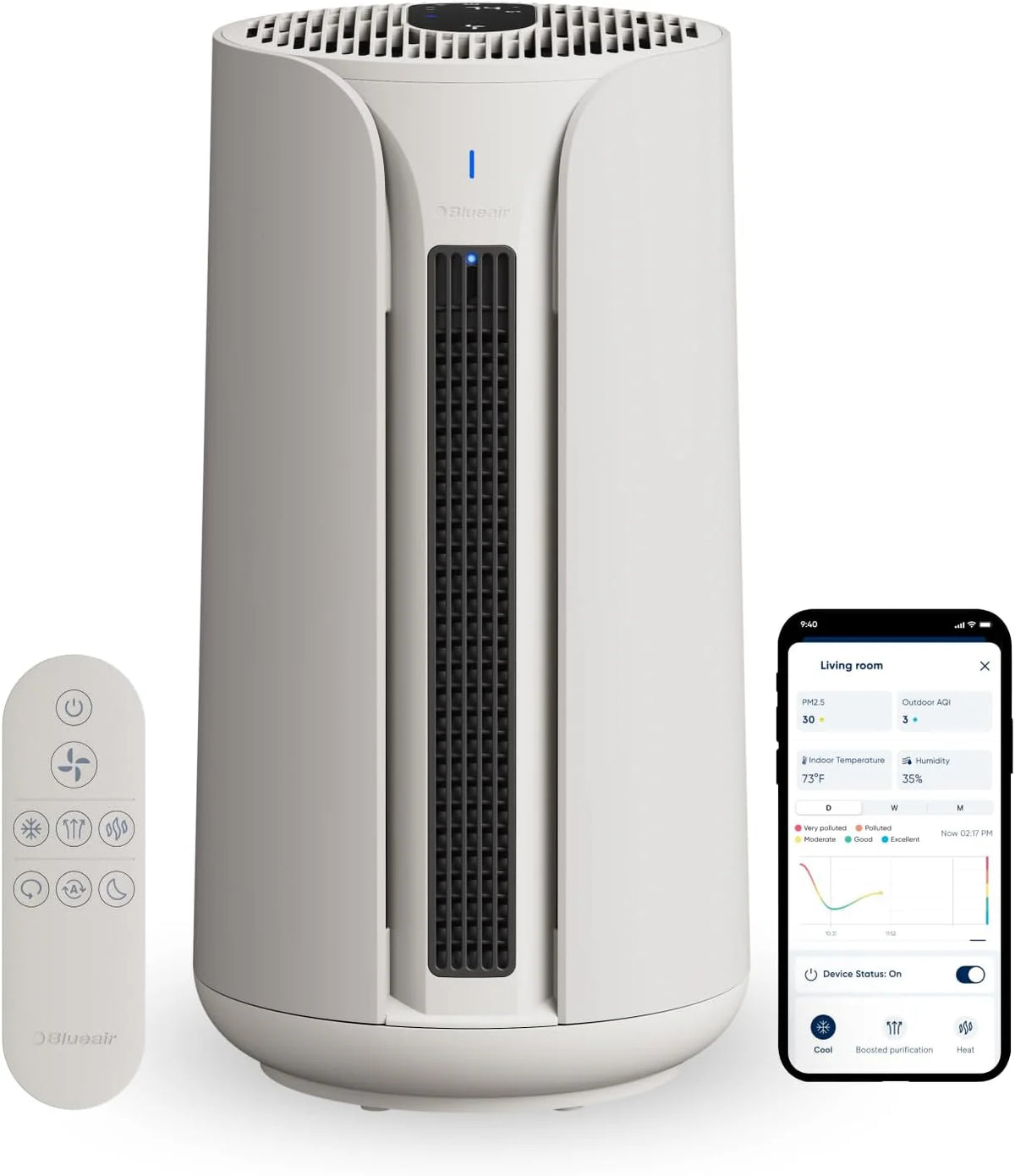 BLUEAIR ComfortPure T10i, potężna 3‑w‑1 pielęgnacja powietrza na cały rok: chłodzi, ogrzewa i oczyszcza. HEPASilent do domu, zwierząt, alergii, kurzu, dymu, zapachów. Oczyszcza 78 m² w 60 min