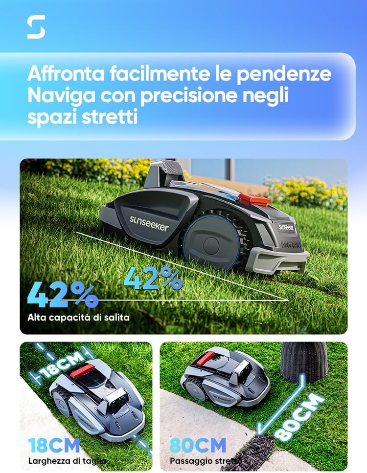 Sunseeker V3 kosiarka automatyczna bez kabla ograniczającego, 600 m², Vision AI podwójne oko, nachylenie 42%, sterowanie za pomocą aplikacji, kosiarka z koszeniem jednym kliknięciem