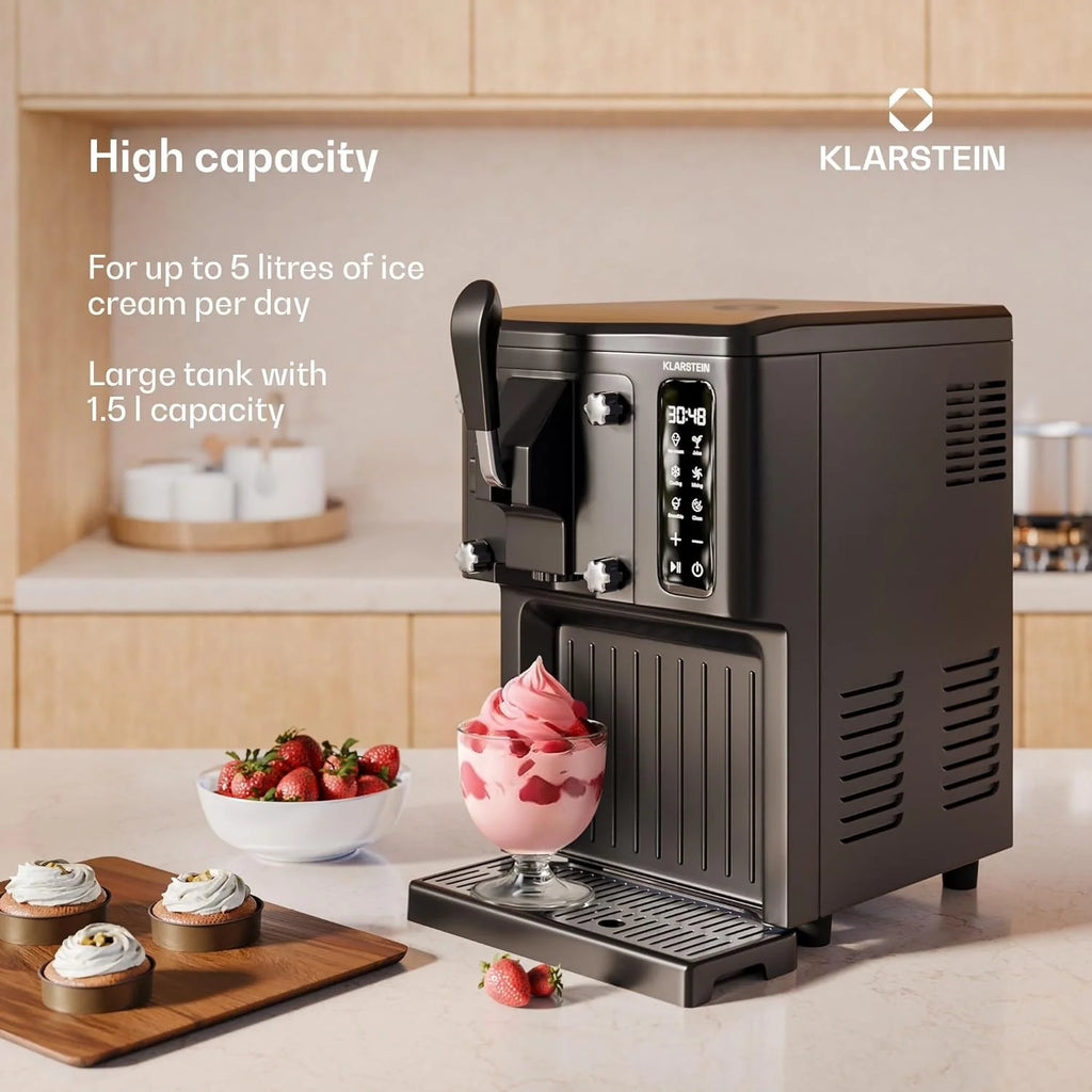 Klarstein Maszyna do lodów włoskich 1,5 l, z ekranem dotykowym, funkcją Keep-Cool, pojemność 5 l, specjalne urządzenia, do koktajli mlecznych i smoothie, funkcja samoczyszczenia, zdejmowany dzióbek,