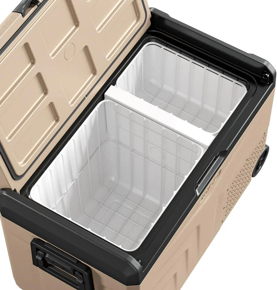 Yolco TCX50 piaskowa lodówka podróżna z kompresorem, 50 l + akumulator – Dual Zone, -20°C, 12/24 V i 230 V, aplikacja Bluetooth, lodówka i zamrażarka z rolkami, na kemping i w podróży