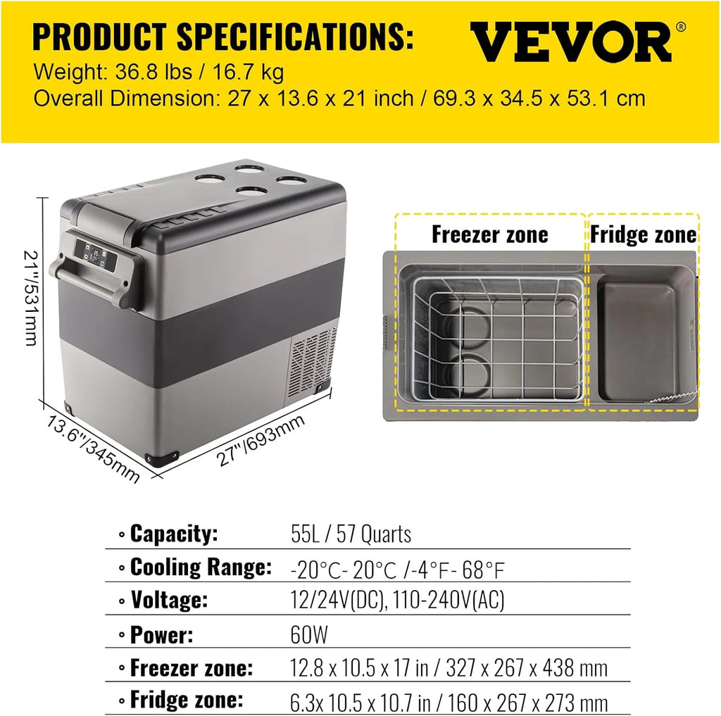 VEVOR Przenośna lodówka elektryczna 80 W, 12/24 V, wydajne chłodzenie -20℃ - 20℃ z niskim poziomem hałasu 45 dB, do samochodów i kamperów (55 l)