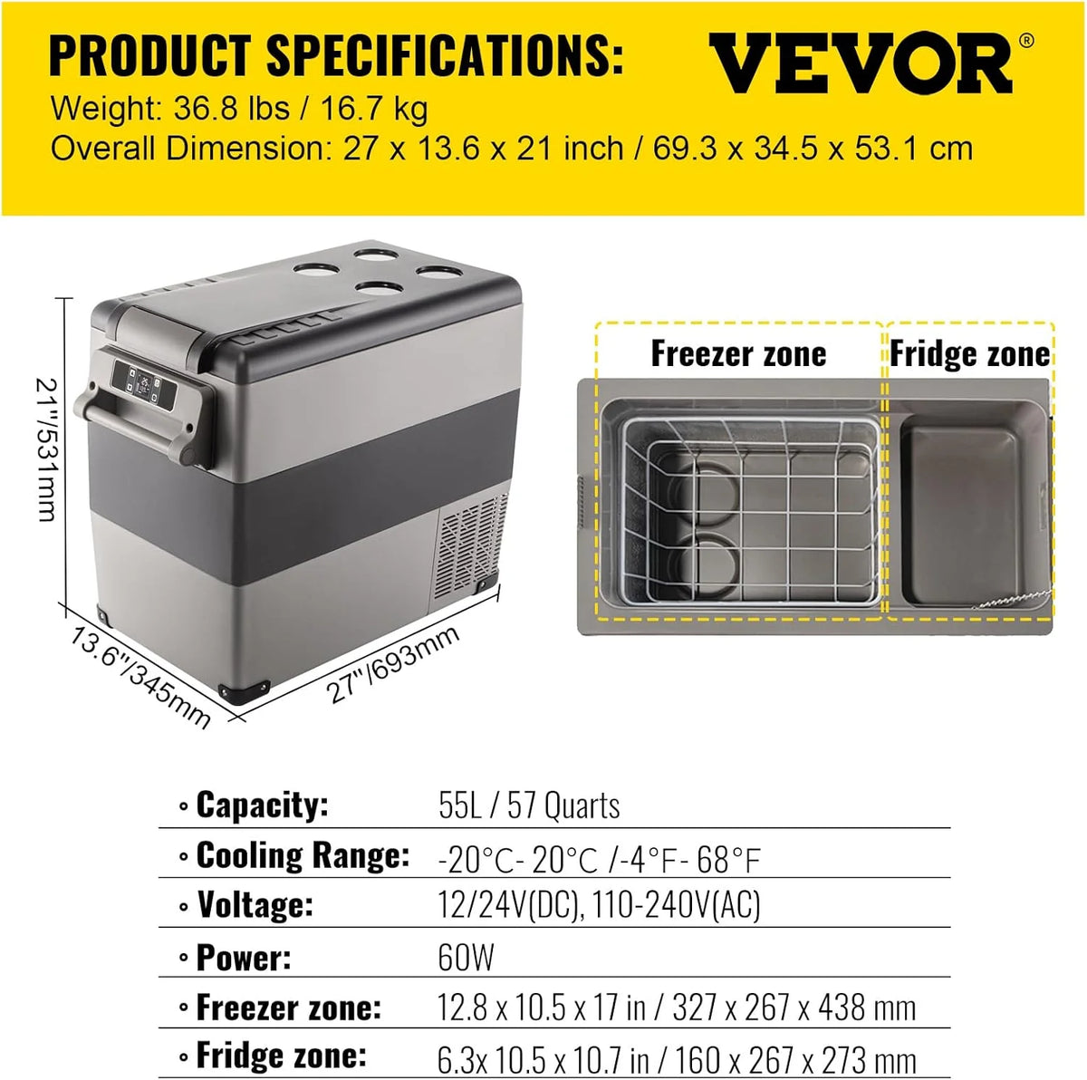 VEVOR Przenośna lodówka elektryczna 80 W, 12/24 V, wydajne chłodzenie -20℃ - 20℃ z niskim poziomem hałasu 45 dB, do samochodów i kamperów (55 l)