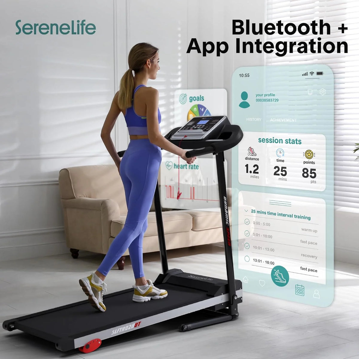 SereneLife składana bieżnia elektryczna, bieżnia z wyświetlaczem LCD do chodzenia i biegania, ćwiczeń kardio, łączność Bluetooth