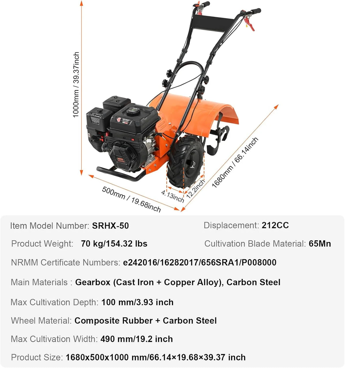 VEVOR frezarka ogrodowa 212CC pojemność silnika napędzana gazem 490 mm szerokość montażowa frez silnikowy 100 mm głębokość uprawy siekacz 65 Mn frez kultywacyjny 1680 x 500 x 1000 mm kultywator