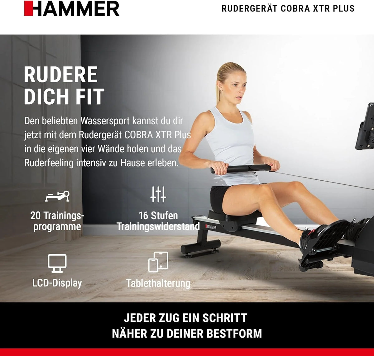 HAMMER Wioślarz Cobra XTR Plus II do domu – wioślarz z innowacyjnym komputerem treningowym, uchwytem na smartfon/tablet, do 130 kg wagi użytkownika, 232 x 55 x 75 cm, kolor czarny, 4532
