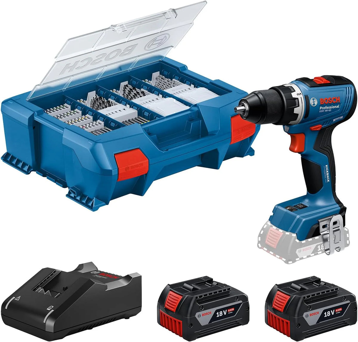 Bosch Professional 18 V firmy Bosch: wiertarko-wkrętarka akumulatorowa GSR 18V-65 (silnik bezszczotkowy, długość korpusu 166 mm, 2 akum. GBA 4.0Ah, 82-cz. zestaw osprzętu, walizka L-Case)