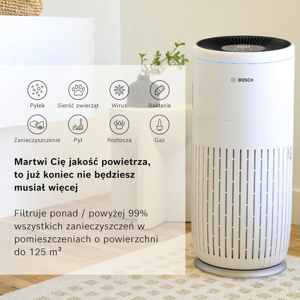 Bosch Air 6000 - Oczyszczacz powietrza — do powierzchni do 125 m² — skutecznie filtruje ponad 99% zanieczyszczeń — Tryb automatyczny oraz uśpienia (< 25 dB(A)) — CADR: 600 m³/h