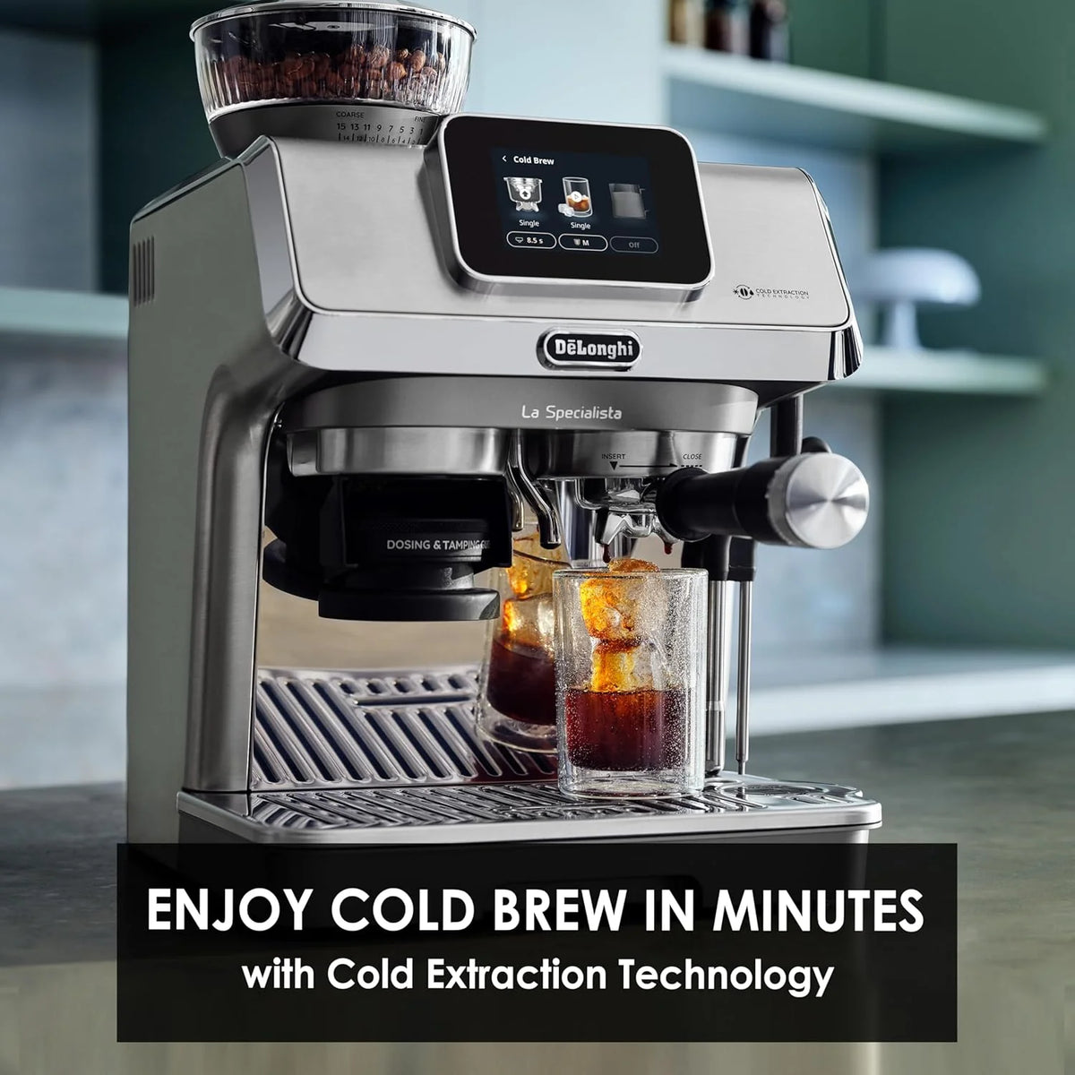 De'Longhi Specjalista dotykowy EC9455.M ekspres do kawy z młynkiem do kawy, funkcja Cold Brew, automatyczne i ręczne spienianie mleka, 10 bezpośrednich przepisów, wyświetlacz dotykowy, w zestawie