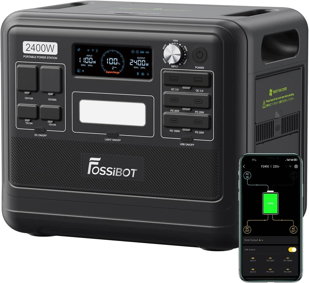 FOSSIBOT-Polska F2400 VAT 23% Power station 2400 W, 2048 Wh LiFePO4 przenośny generator solarny 3 × 230 V AC gniazdko (4800 W Peak), mobilne zasilanie do samochodów kempingowych, generator solarny