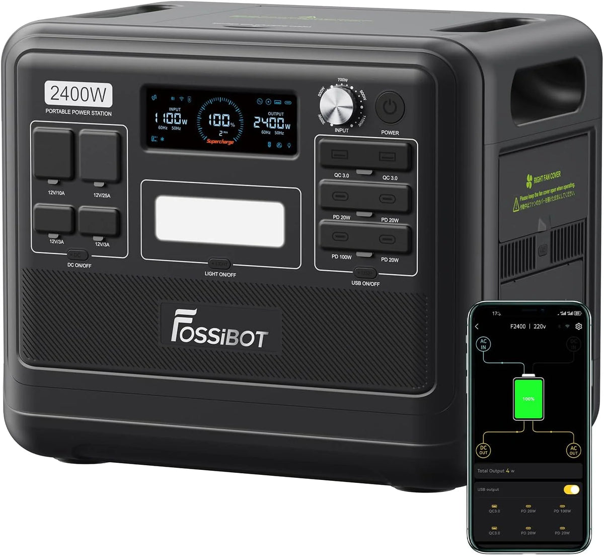 FOSSIBOT-Polska F2400 VAT 23% Power station 2400 W, 2048 Wh LiFePO4 przenośny generator solarny 3 × 230 V AC gniazdko (4800 W Peak), mobilne zasilanie do samochodów kempingowych, generator solarny