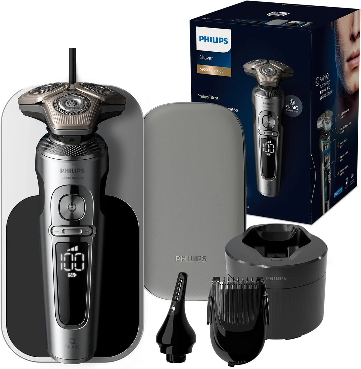 Golarka elektryczna Philips Series 9000 do golenia na mokro i sucho z technologią SkinIQ, podkładką ładującą, trymerem do nosa i brody, wkładem czyszczącym (Model SP9885/35)