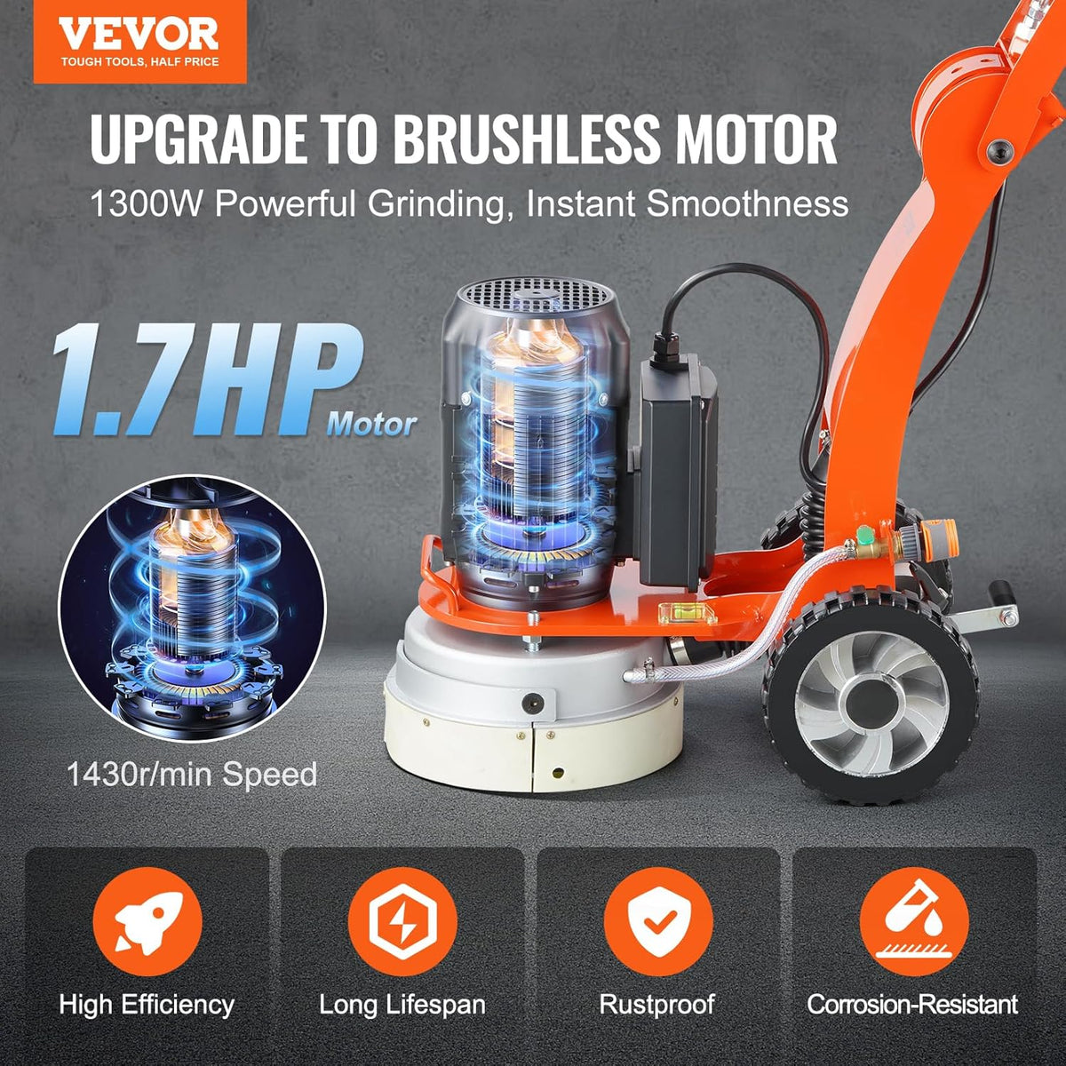 VEVOR Elektryczna szlifierka do posadzek betonowych 250 mm z prowadnicą ziemną 3.0 HP polerka do podłóg, szlifierka 2200 W z silnikiem bezszczotkowym 1430 RPM granit marmurowy