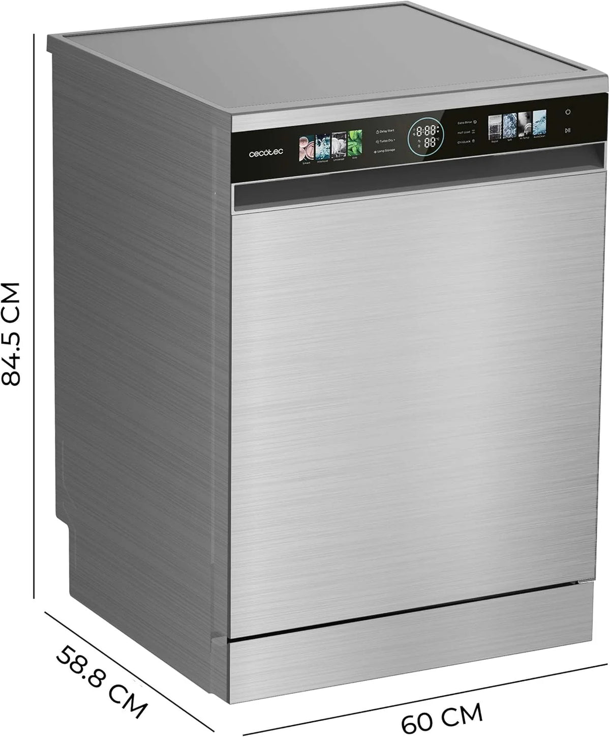 Cecotec Bolero Aguazero 60 cm kompaktowa zmywarka 6320 D, 1900 W, 15 sztućców, 8 programów, wyświetlacz FullColor XXL, Smart Wash, UV Light, Turbo Dry+, AutoClean, Średnie ładowanie, Delay Start