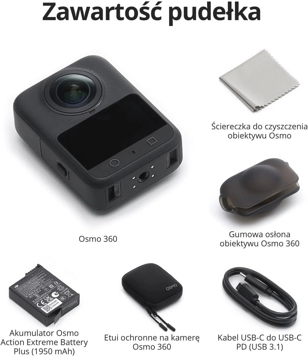 DJI Osmo 360 Essential Combo, kamera 360 z 1-calowym obrazowaniem 360°, natywne wideo 8K 360°, zestaw z niewidocznym selfie stickiem 1,2 m, wydłużony czas pracy z 2 akumulatorami