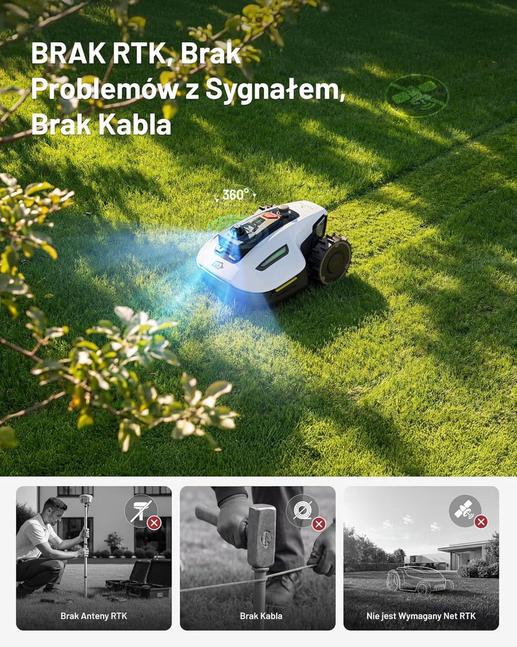 Mammotion YUKA 2000 Kosiarka Automatyczna z zamiatarką, Zalecane 2000 m², maks.2400 m²,i Nachyleniu 45%, UltraSense AI Vision do Auto-Mapowania Wysokość Koszenia 20-90mm Szerokość Koszenia 320mm