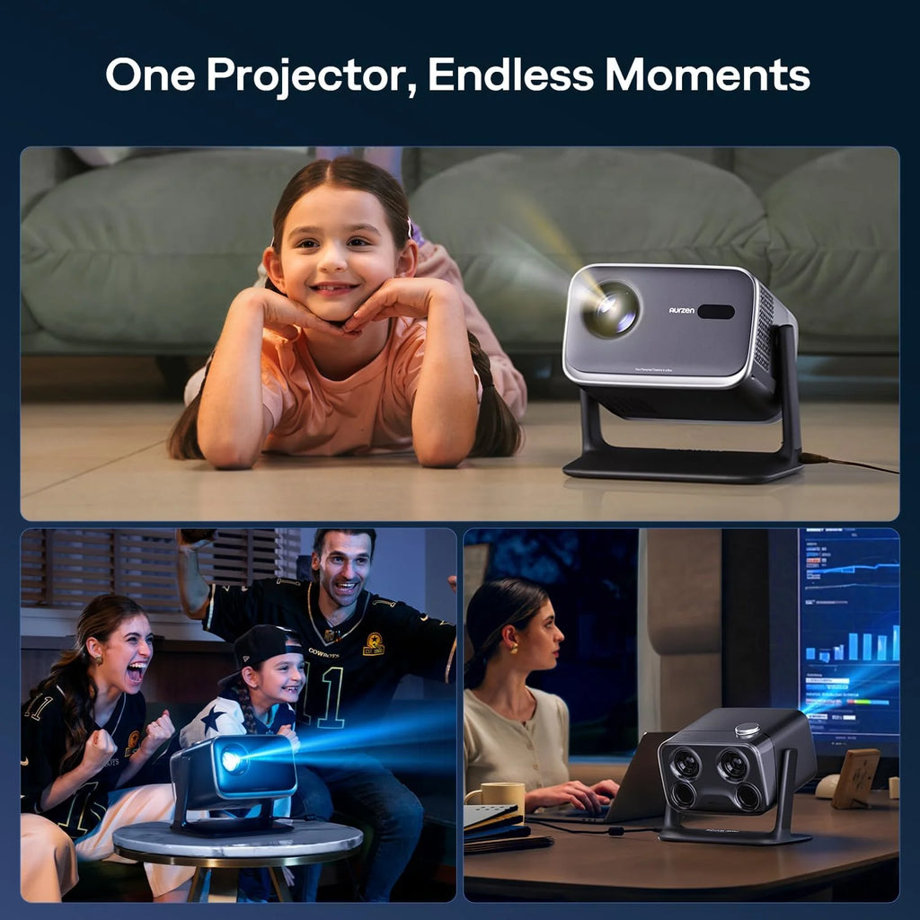 Aurzen Boom Mini 4 w 1 inteligentny projektor z Google TV, kino domowe i projektor zewnętrzny z obsługą 4K, dźwięk Dolby 20 W, projektor 500 ANSI, autofokus ToF i korekcja trapezu