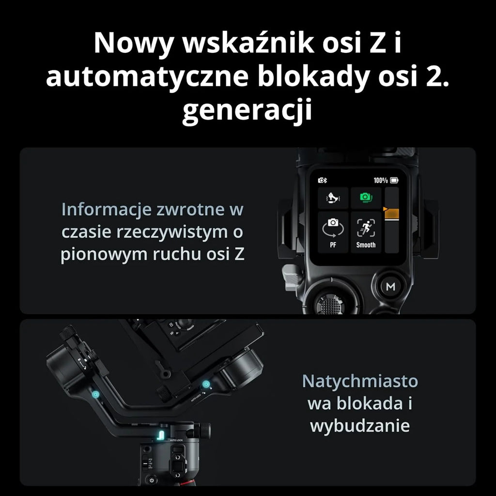 DJI RS 5, stabilizator gimbala do kamer Canon, Sony, Panasonic, Nikon, Fujifilm, przyciski precyzyjnego strojenia, automatyczne blokady osi 2. generacji, statyw do szybkiego otwierania, wyświetlacz