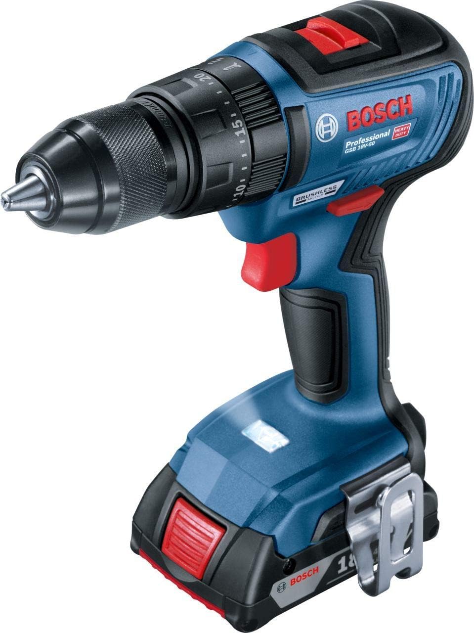Bosch Professional system 18V: akumulatorowa wiertarko-wkrętarka udarowa GSB 18V-50 (2 akumulatory GBA 18V 4.0Ah, szybka ładowarka GAL 18V-40, walizka L-Case i akcesoria) - Amazon Exclusive Set
