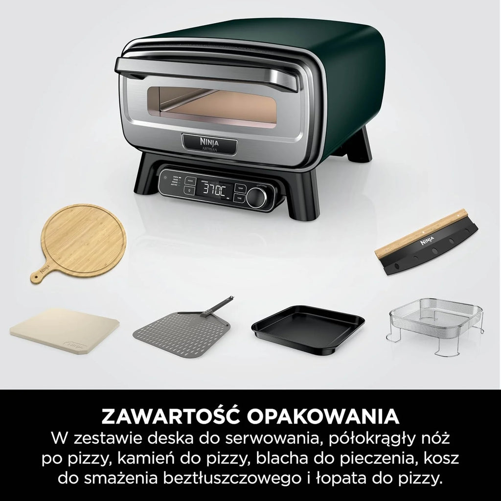 Ninja Artisan elektryczny zewnętrzny piec do pizzy i frytkownica beztłuszczowa z 4 funkcjami gotowania, deska do serwowania, nóż, kamień do pizzy 30 cm, łopata, blacha i kosz, zielony MO201AMZEU