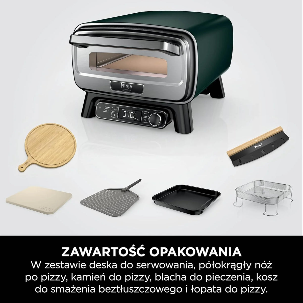 Ninja Artisan elektryczny zewnętrzny piec do pizzy i frytkownica beztłuszczowa z 4 funkcjami gotowania, deska do serwowania, nóż, kamień do pizzy 30 cm, łopata, blacha i kosz, zielony MO201AMZEU