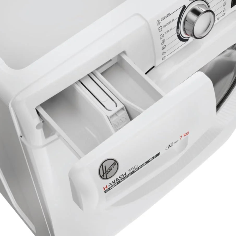 Hoo ver, Pralka Slim H-WASH 350, H3WP4474TAM6/1-S, Pralka ładowana od przodu, 7 KG, klasa A-10%, 1200 obrotów, 77 dB, Para, 16 programów, Opóźniony start, Biały, AxLxP 85x60x45 cm