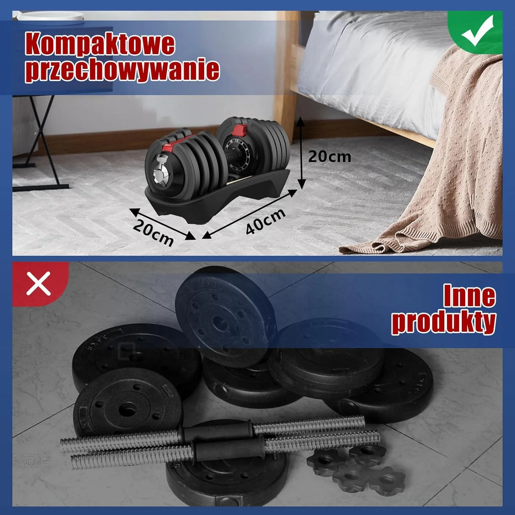 DH FitLife 18kg/24 kg Regulowane hantle z podstawą do przechowywania – zestaw hantli z płytami wagowymi, regulowane krótkie hantle oszczędzające miejsce, zmienne ciężary 12 w 1