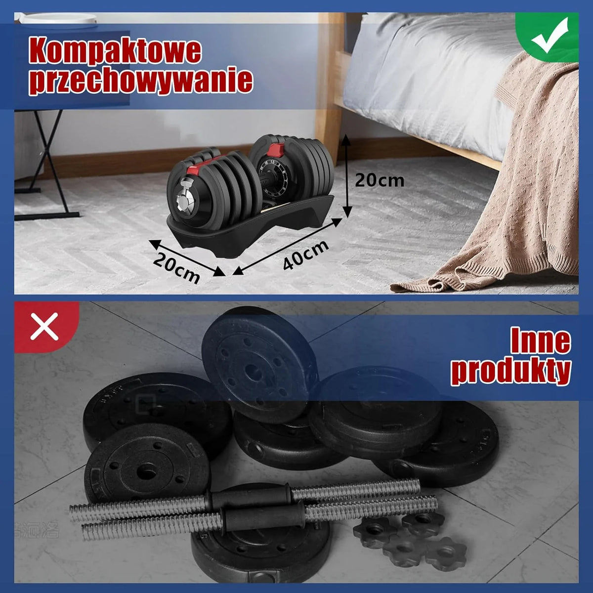 DH FitLife 18kg/24 kg Regulowane hantle z podstawą do przechowywania – zestaw hantli z płytami wagowymi, regulowane krótkie hantle oszczędzające miejsce, zmienne ciężary 12 w 1
