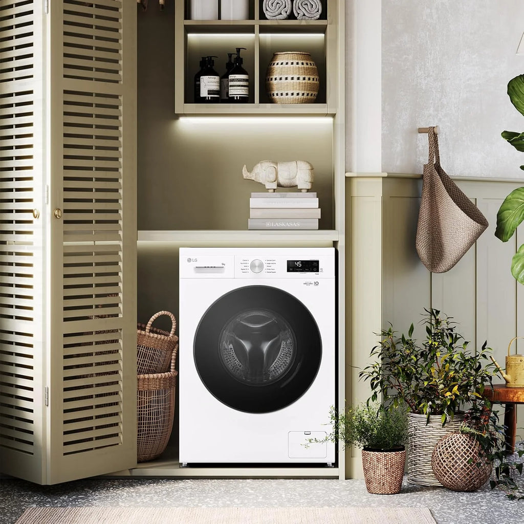 LG F4NX1009NWB pralka 9 kg z ładowaniem przednim serii X1, klasa A, 1400 obrotów, Wi-Fi, 6 Motion Direct Drive, Allergy Care do prania parowego, wolnostojąca, Essence White