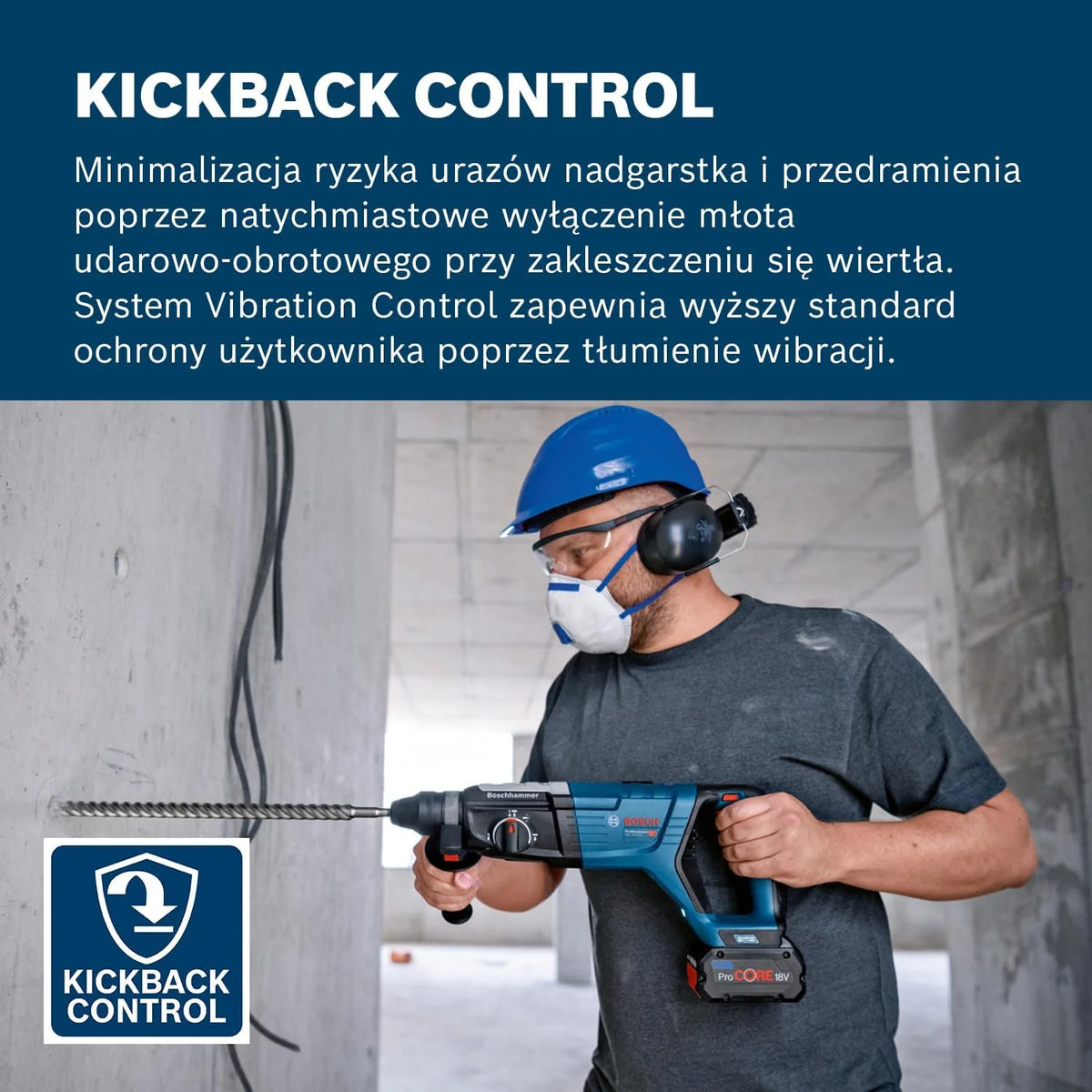 System profesjonalny 18 V firmy Bosch: akumulatorowy młot udarowo-obrotowy GBH 18V-28 D (KickBack Control, ściereczka do czyszczenia, rękojeść dodatkowa, ogranicznik głębokości, bez akum./ładowarki)
