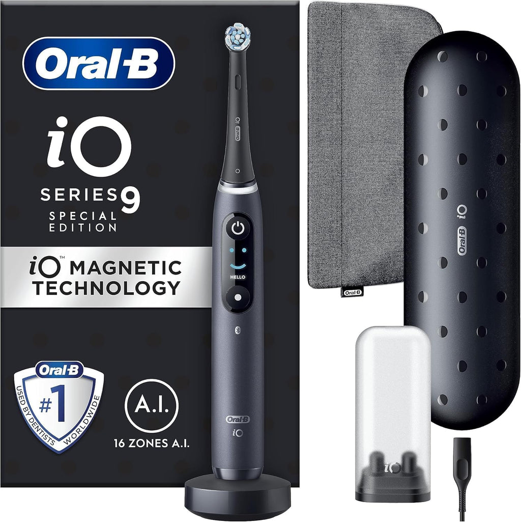 Oral-B iO 9 czarna elektryczna szczoteczka do zębów edycja specjalna, 1 głowica szczoteczki do zębów, 1 etui podróżne do ładowania, 1 woreczek magnetyczny, zaprojektowana przez Braun