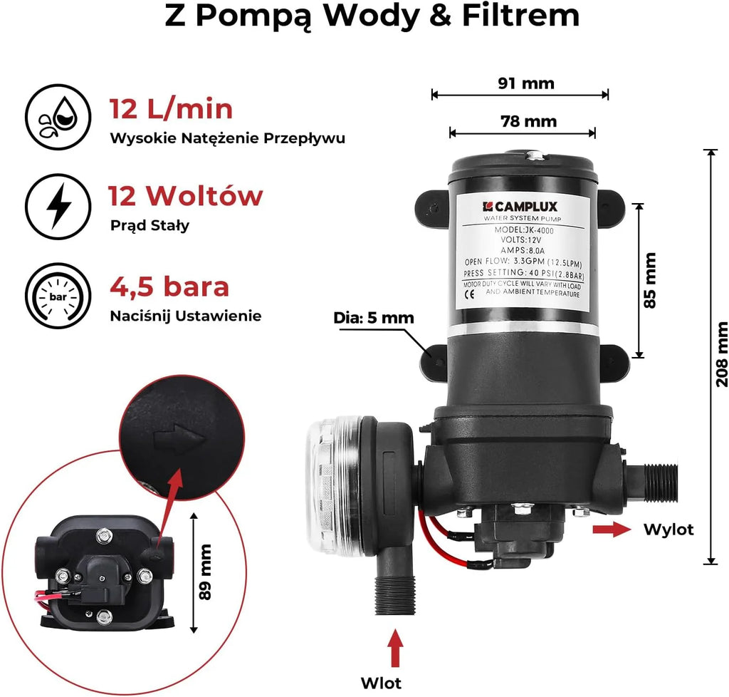 CAMPLUX 10 litrów gazowy podgrzewacz wody z pompą wodną BW264BCP120-DE, bezzbiornikowy zewnętrzny prysznic gazowy do mycia koni/kemping/podróży RV, 50mbar, LPG