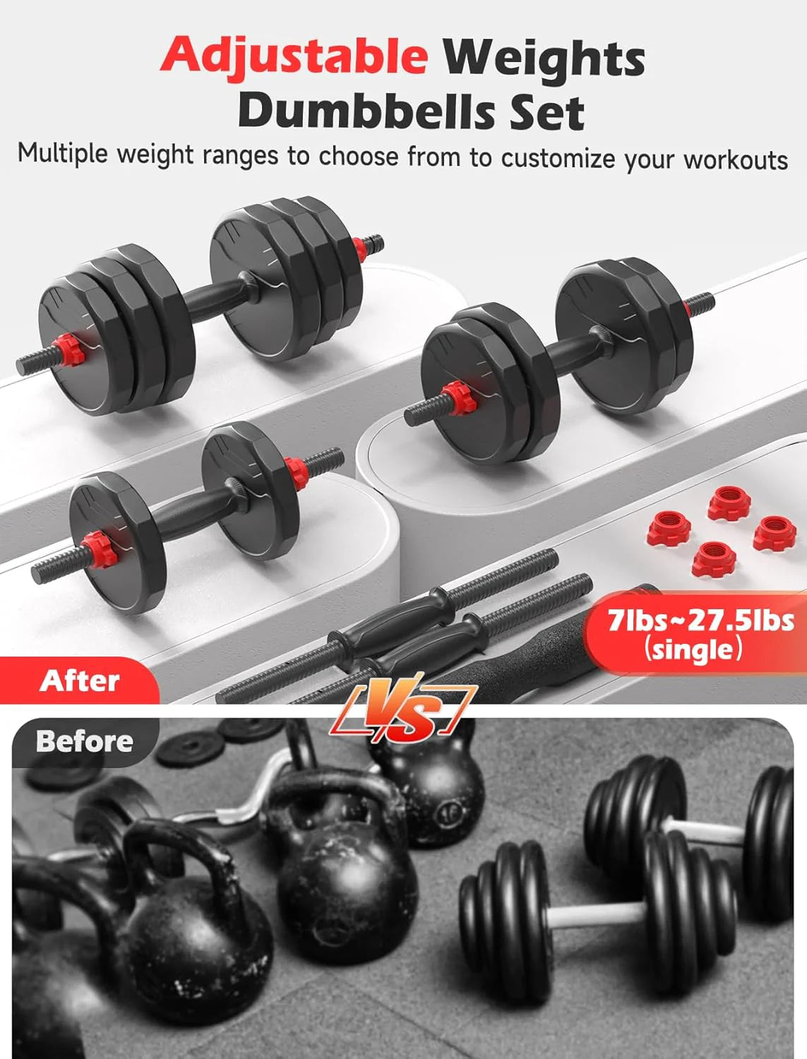 UKEEP Regulowany zestaw hantli, zestaw hantli 55/70/40.8 kg ze złączem, zestaw hantli 3 w 1 używany jako sztanga, kettlebell, ćwiczenia fitness do domowej siłowni odpowiednie dla mężczyzn/kobiet