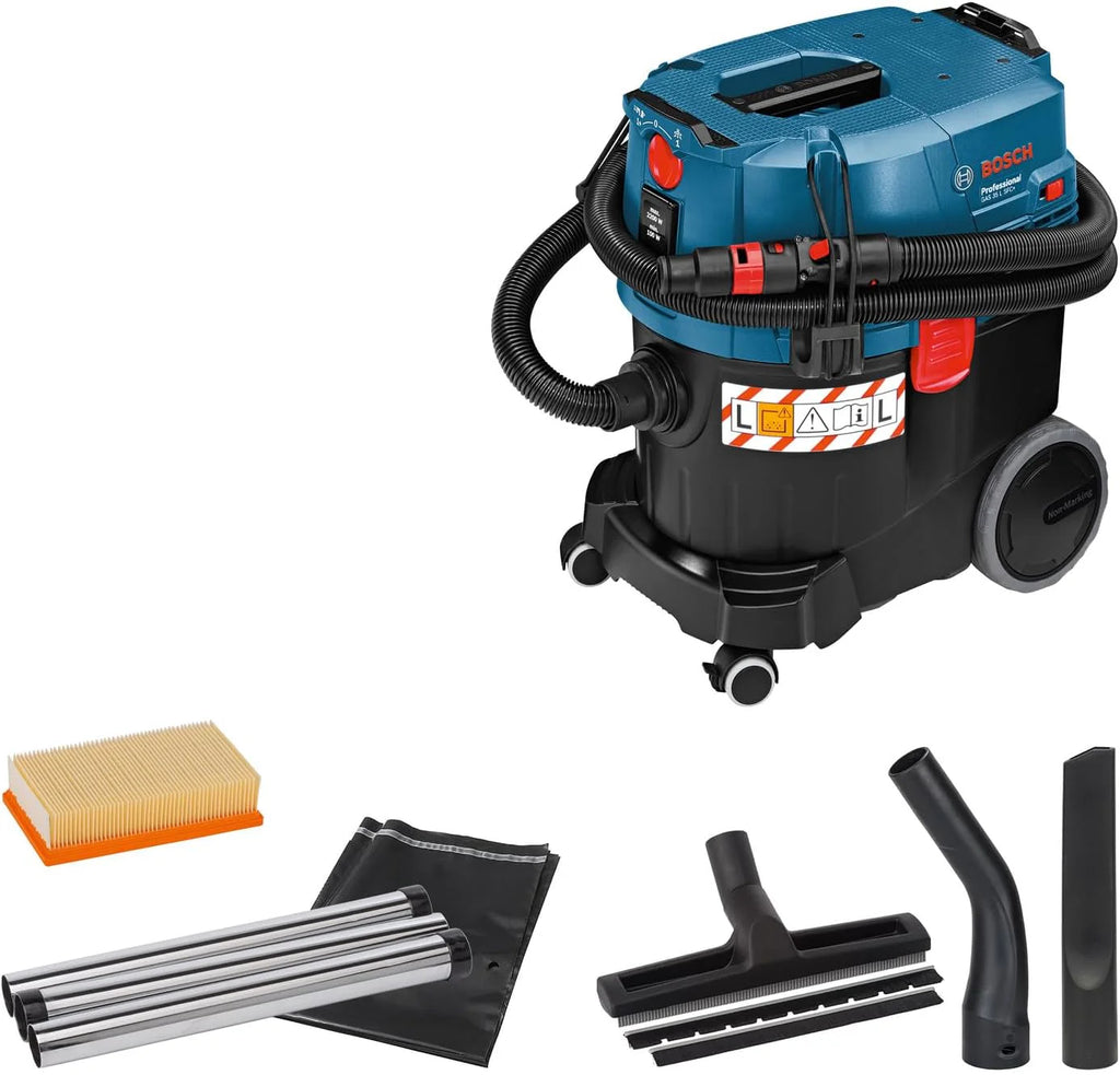 Bosch Professional: odkurzacz do pracy na mokro i sucho GAS 35 L SFC+ (1 200 W, 3 rury chromowane, wąż 3 m, zestaw dysz podłogowych, 1 filtr płaski fałdowany, worek na pył)