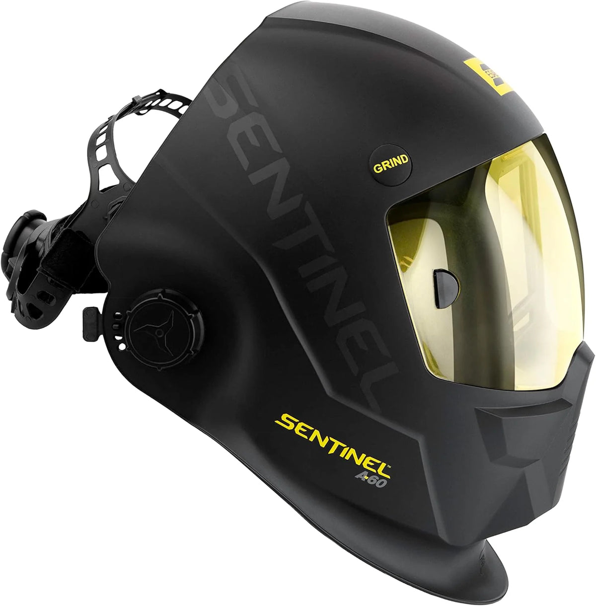 ESAB® Sentinel™ A60 kask spawalniczy, czarna, płaska konstrukcja, odporny na uderzenia nylon, duży obszar widzenia 11,8 x 7,1 cm