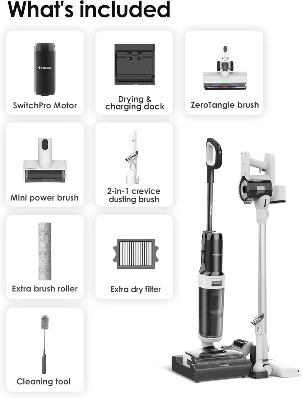 Tineco Floor ONE Switch S6 Stretch Odkurzacze na sucho i mokro, 180° Lay-Flat, zapobiegająca splątaniu, samooczyszczanie, czas pracy 65 min, czyszczenie dwóch krawędzi, czyszczenie całego domu