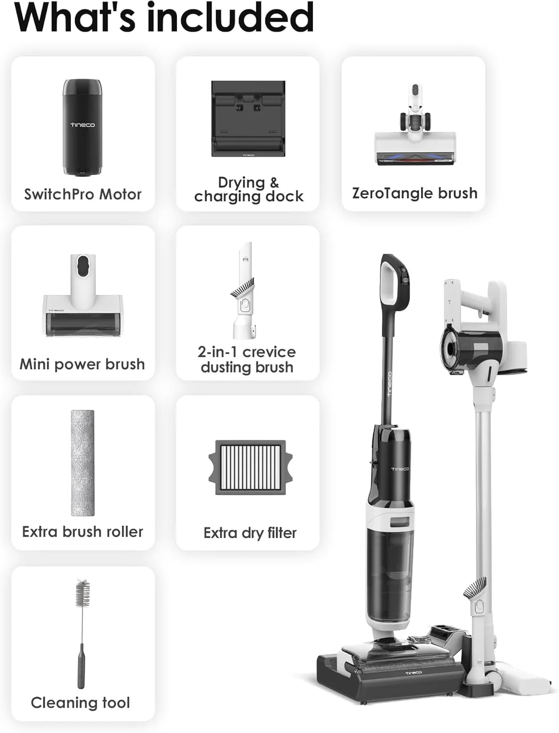 Tineco Floor ONE Switch S6 Stretch Odkurzacze na sucho i mokro, 180° Lay-Flat, zapobiegająca splątaniu, samooczyszczanie, czas pracy 65 min, czyszczenie dwóch krawędzi, czyszczenie całego domu